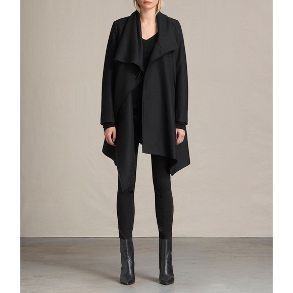 AllSaints Black Italian Wool Blend Draped Asymmetric City Monument Coat Size 0 - Picture 1 of 12